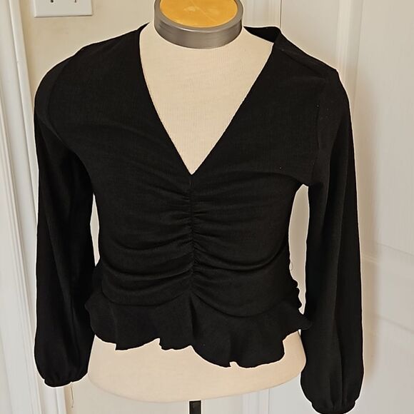 H&M Ruffled Long Sleeves Top Medium Black - Picture 2 of 16
